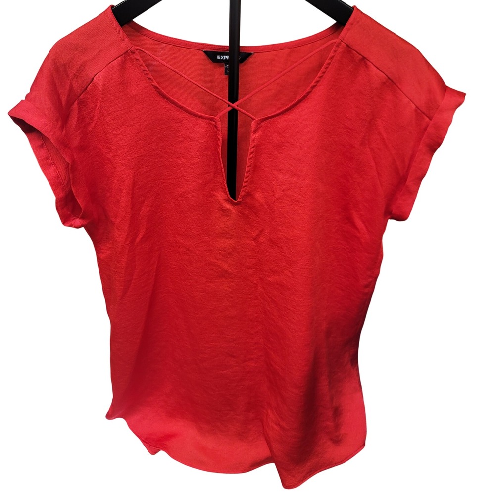 Express Red Crisscross V Neck Cap‎ Sleeve Textured Top Women Size Medium